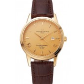 High Quality Imitation Vacheron Constantin Patrimony Chronometre Royal Gold Dial Gold Case Brown Leather Strap