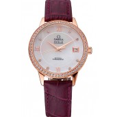 High Quality Omega DeVille Prestige Co-Axial Diamond Gold Case Mother-Of-Pearl Dial Purple Leather Strap