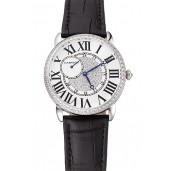 Imitation Cartier Ronde Louis Silver Diamond Case White Dial Black Leather Bracelet 1454011