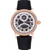 Imitation Luxury Cartier Rotonde Black And White Dial Gold Case With Jewels Black Leather Strap 622758