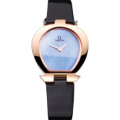 Imitation Luxury Omega Ladies Watch Sky Blue Dial Gold Case Black Leather Strap 622821 Watch