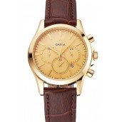 Imitation Omega Chronograph Gold Dial Gold Case Brown Leather Strap