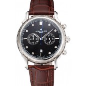 Imitation Patek Philippe Chronograph Black Dial With Diamonds Stainless Steel Case Brown Leather Strap