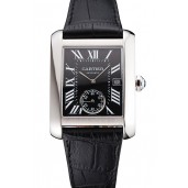 Imitation Swiss Cartier Tank MC Black Dial Stainless Steel Case Black Leather Strap