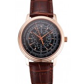 Imitation Swiss Patek Philippe Multi-Scale Chronograph Black Dial Rose Gold Case Brown Leather Strap