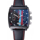 Imitation Tag Heuer Monaco Calibre 36 Blue And Red Dial Stripes Dial Black Leather Strap 622272
