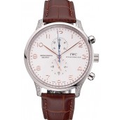 IWC Portugieser Chronograph White Dial Rose Gold Hands And Numerals Steel Case With Diamonds Brown Leather Strap