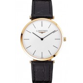 Knockoff Swiss Longines Grande Classique White Dial Gold Case Black Leather Strap