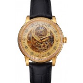 Knockoff Swiss Patek Philippe Complications Openworked Dial Gold Case Diamond Bezel Black Leather Strap