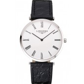 Luxury Swiss Longines Grande Classique White Dial Roman Numerals Stainless Steel Case Black Leather Strap