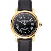 New Swiss Cartier Rotonde Annual Calendar Black Dial Gold Case Black Leather Strap