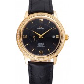 Omega De Ville Prestige Co-Axial Black Dial Gold Diamond Case Black Leather Strap Roman Numeral