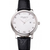 Patek Philippe Calatrava Date White Embossed Dial Stainless Steel Case Black Leather Strap