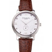 Patek Philippe Calatrava Date White Embossed Dial Stainless Steel Case Brown Leather Strap