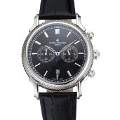 Patek Philippe Chronograph Black Dial Stainless Steel Case Black Leather Strap