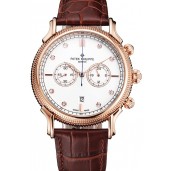 Patek Philippe Chronograph White Dial With Diamonds Rose Gold Case Brown Leather Strap