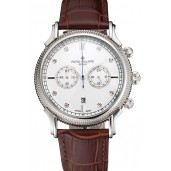 Patek Philippe Chronograph White Dial With Diamonds Stainless Steel Case Brown Leather Strap