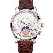Patek Philippe Chronograph White Guilloche Dial Stainless Steel Case Brown Leather Strap
