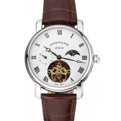 Patek Philippe Complications Moonphase Tourbillon White Dial Stainless Steel Case Brown Leather Strap