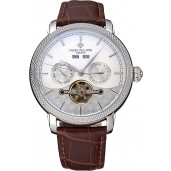 Patek Philippe Day Date Tourbillon White Dial Stainless Steel Case Embossed Bezel Brown Leather Strap 622837