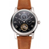 Patek Philippe Grand Complications Day Date Tourbillon Black Dial Numerals Stainless Steel Case Brown Suede Leather Strap 1453816