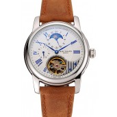 Patek Philippe Grand Complications GMT Moonphase Tourbillon White Dial Blue Numerals Stainless Steel Case Brown Suede Leather Strap 1453823