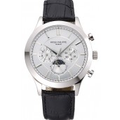 Patek Philippe Moonphase Chronograph White Dial Stainless Steel Case Black Leather Strap 622841