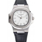 Patek Philippe Nautilus White Dial Brushed Stainless Steel Case Black Leather Strap