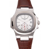 Patek Philippe Nautilus White Dial Stainless Steel Case Brown Leather Strap