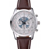 Quality Breitling Transocean Chronograph Unitime White Dial Stainless Steel Case Brown Leather Bracelet 622244