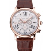 Quality Cartier Rotonde Chronograph White Dial Rose Gold Case Brown Leather Strap