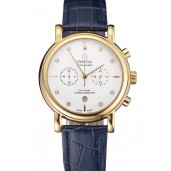 Replica 1:1 Omega Seamaster Vintage Chronograph White Dial Diamond Hour Marks Gold Case Blue Leather Strap