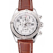 Replica Breitling Chronomat 13 Stainless Steel Case White Dial Arabic Numerals Brown Leather Bracelet 622238