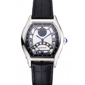 Replica Cartier Tortue Perpetual Calendar White Dial Stainless Steel Case Black Leather Strap