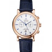 Replica Fashion Omega Seamaster Vintage Chronograph White Dial Blue Hour Marks Rose Gold Case Blue Leather Strap