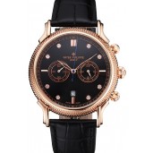 Replica High Quality Patek Philippe Chronograph Black Dial With Diamonds Rose Gold Case Black Leather Strap