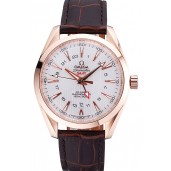 Replica Omega Seamaster Planet Ocean GMT White Dial Rose Gold Case Brown Leather Band 622400