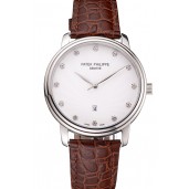Replica Patek Philippe Calatrava Date White Dial Stainless Steel Case Brown Leather Strap