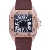 Replica Swiss Cartier Santos Black Dial Diamonds Case Brown Leather Bracelet 622550