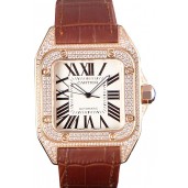 Swiss Cartier Santos Rose Gold Bezel with Diamonds and Brown Leather Strap sct46 621530