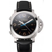 Swiss Panerai Luminor Flyback Chronograph Black Dial Stainless Steel Case Black Leather Strap
