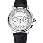 Swiss Patek Philippe 5170J Chronograph White Dial Stainless Steel Case Black Leather Strap