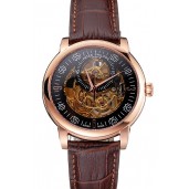 Swiss Patek Philippe Complications Openworked Dial Rose Gold Case Brown Leather Strap