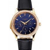 Swiss Patek Philippe Grand Complications Perpetual Calendar Blue Dial Gold Case Diamond Bezel Black Leather Strap