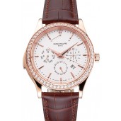 Swiss Patek Philippe Grand Complications Perpetual Calendar White Dial Rose Gold Case Diamond Bezel Brown Leather Strap