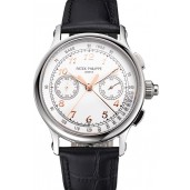 Swiss Patek Philippe Split Seconds Chronograph White Dial Rose Gold Hands Stainless Steel Case Black Leather Strap