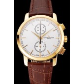 Swiss Vacheron Constantin Patrimony Traditionnelle Chronograph White Dial Gold Case Brown Leather Strap 1453766