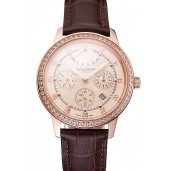 Swiss Vacheron Constantin Traditionnelle Power Reserve Rose Gold Dial And Case Diamond Bezel Brown Leather Strap