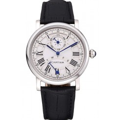 Copy Cartier Rotonde White Dial Stainless Steel Case Black Leather Strap 622757