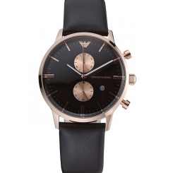 Emporio Armani Classic Chronograph Black Dial Rose Gold Case Black Leather Bracelet 622333